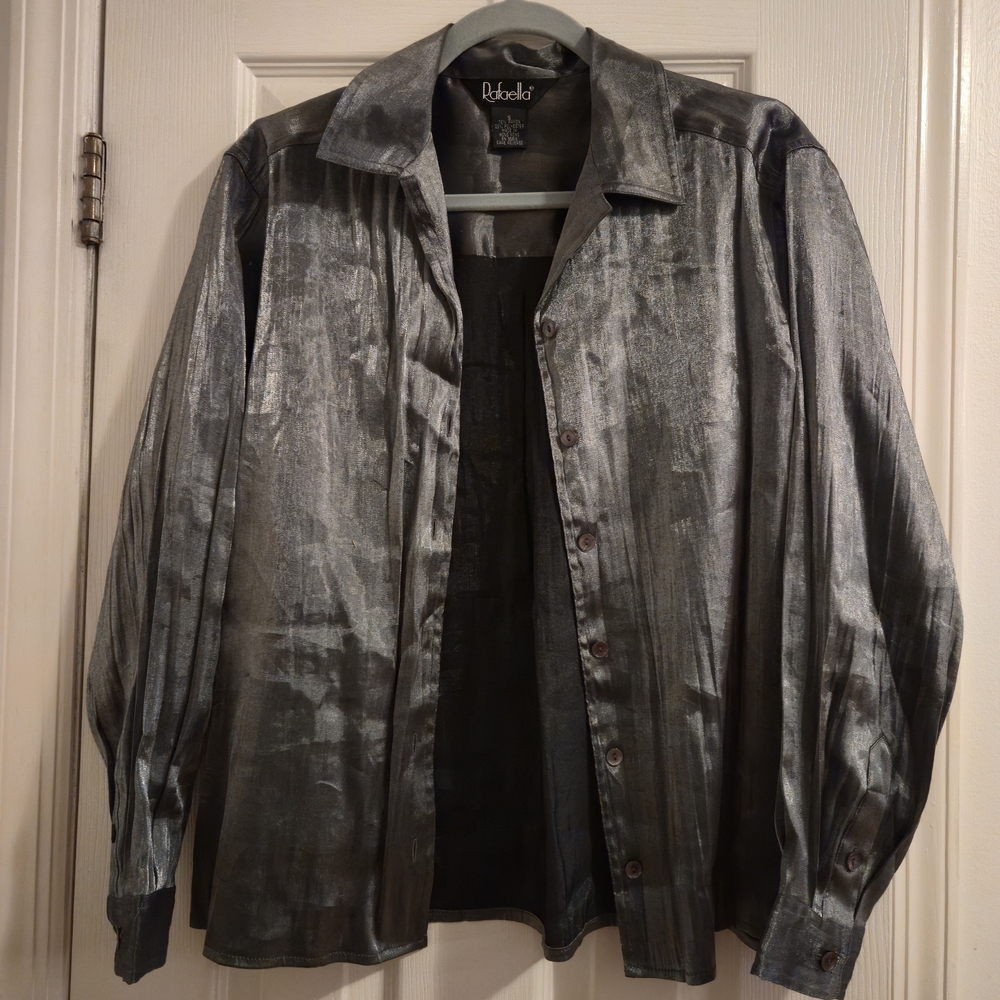 Rafaella Metallic Button Down Shirt - Silver and Black